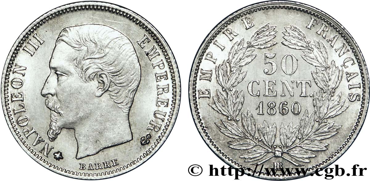 50 centimes Napoléon III, tête nue 1860 Strasbourg F.187/14 SPL 