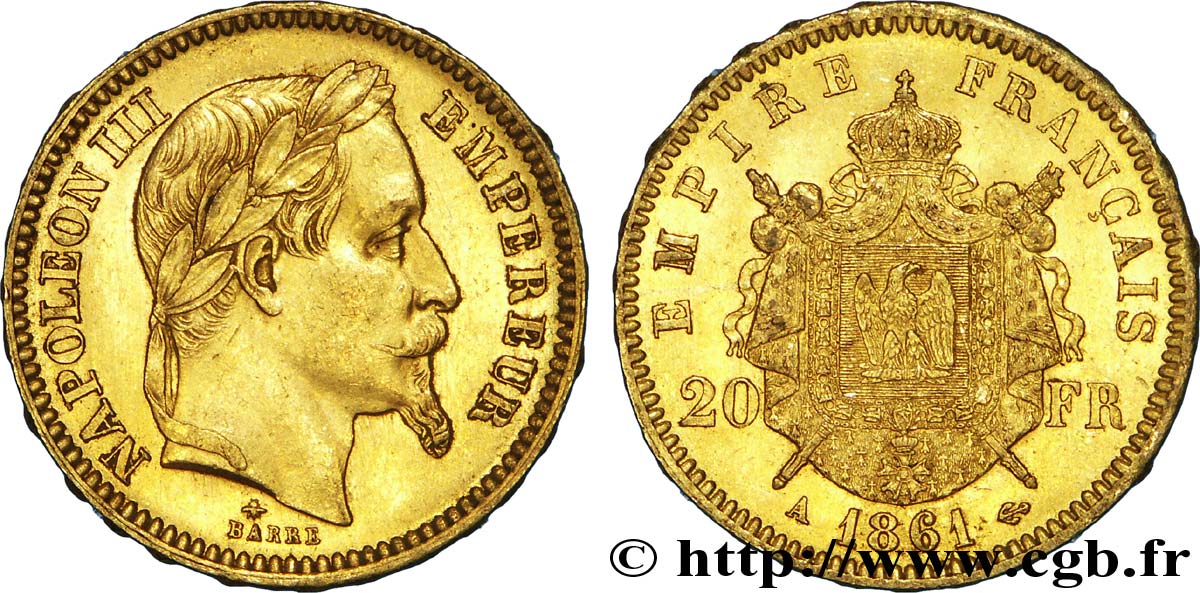 20 francs or Napoléon III, tête laurée 1861 Paris F.532/1 EBC 