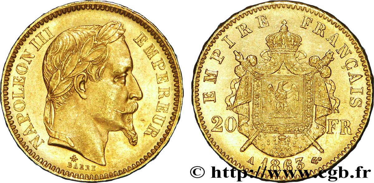 20 francs or Napoléon III, tête laurée 1863 Paris F.532/6 SUP 