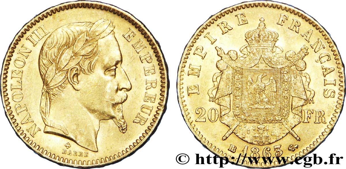 20 francs or Napoléon III, tête laurée 1863 Strasbourg F.532/7 SUP 