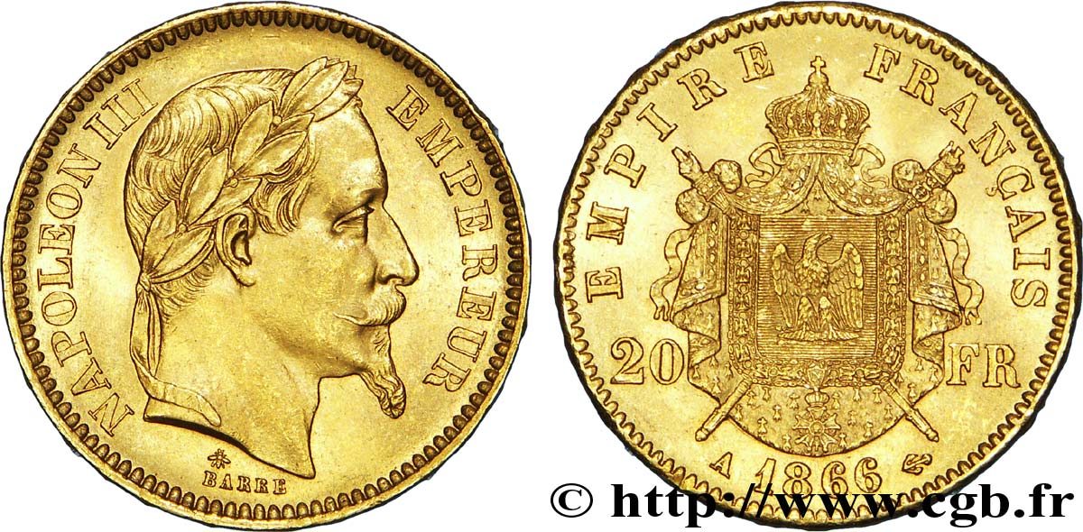 20 francs or Napoléon III, tête laurée 1866 Paris F.532/13 SUP 