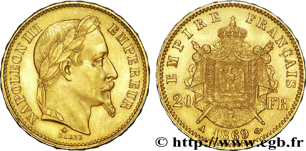 20 francs or Napoléon III, tête laurée 1869 Paris F.532/20 EBC 