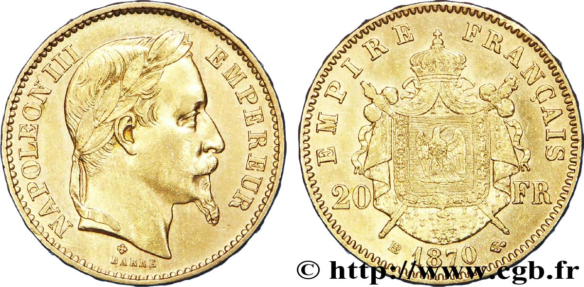 20 francs or Napoléon III, tête laurée 1870 Strasbourg F.532/24 SPL 
