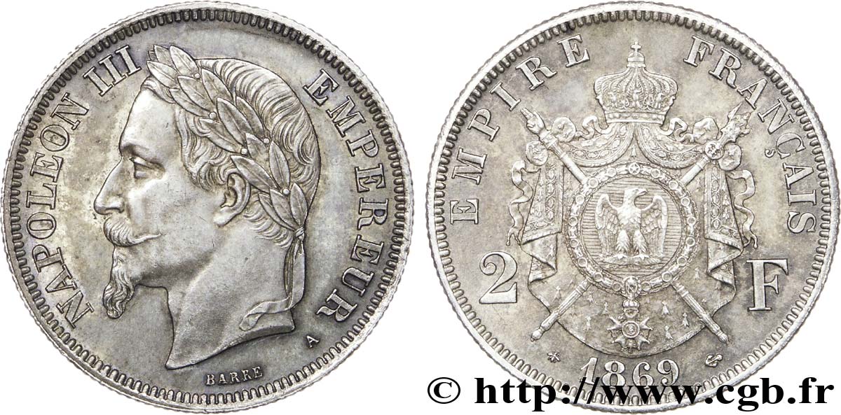 2 francs Napoléon III, tête laurée  1869 Paris F.263/10 EBC 