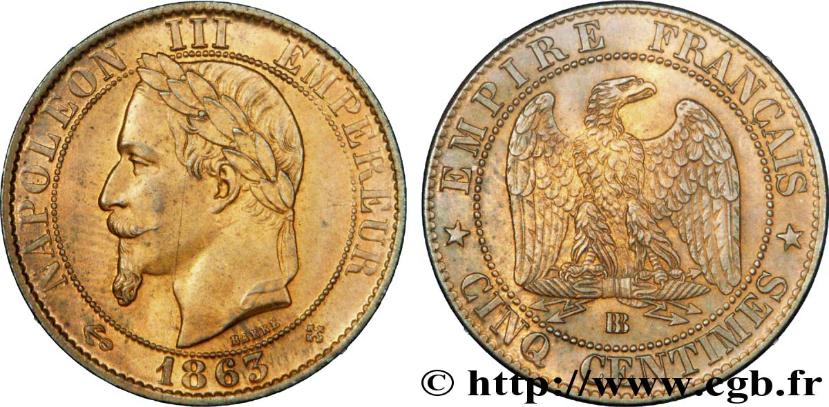 Cinq centimes Napoléon III, tête laurée  1863 Strasbourg F.117/11 AU 