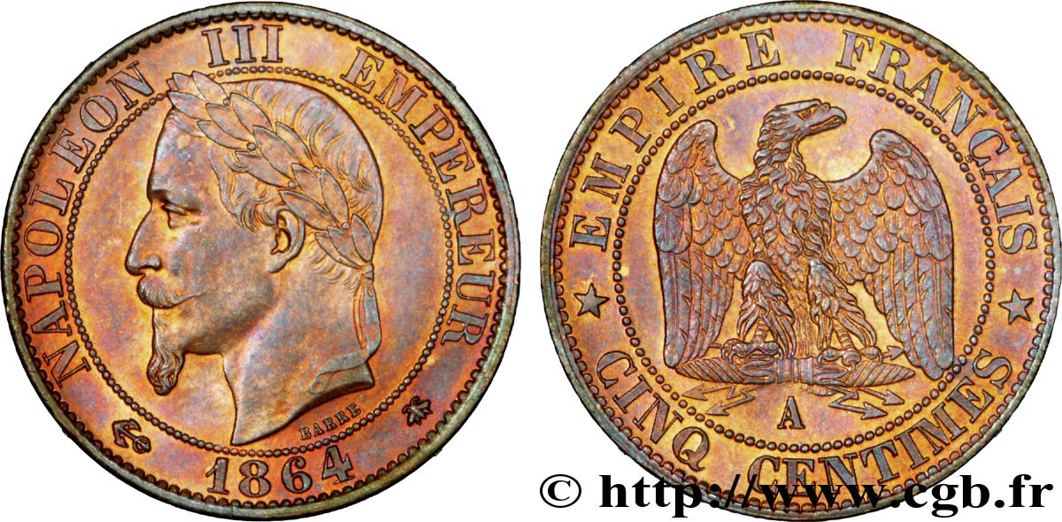 Cinq centimes Napoléon III, tête laurée 1864 Paris F.117/13 SPL 