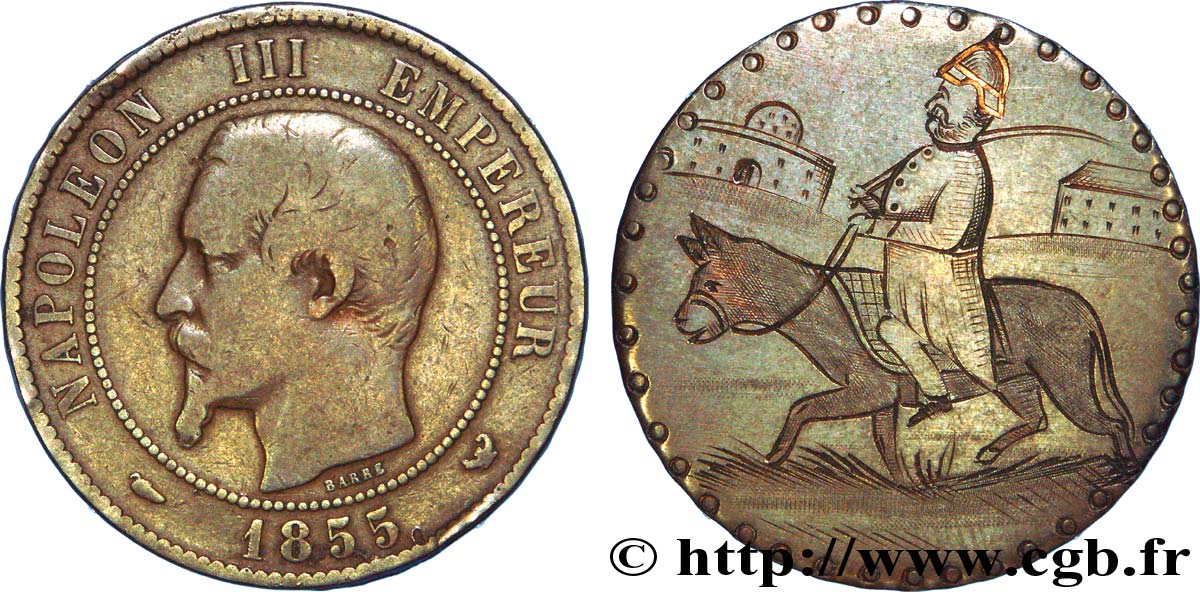 Monnaie satirique, module de 10 centimes, regravée Napoléon III sur un âne 1855 Lille F.133/32 var. BC 