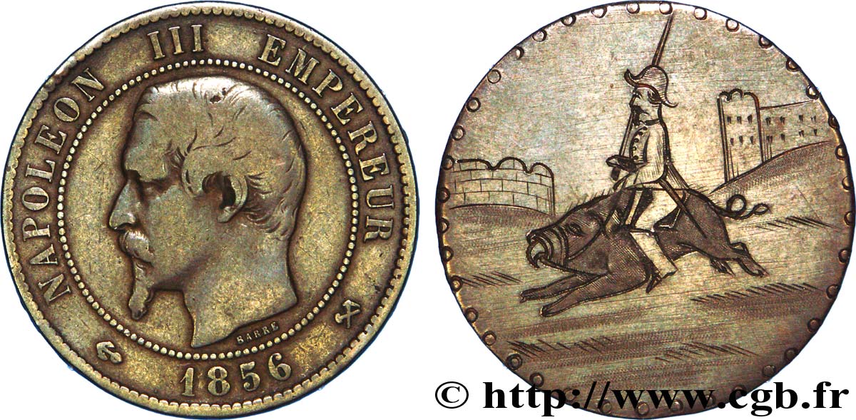 Monnaie satirique, module de 10 centimes, regravée Napoléon III sur un cochon 1856 Rouen F.133/35 var. TB 