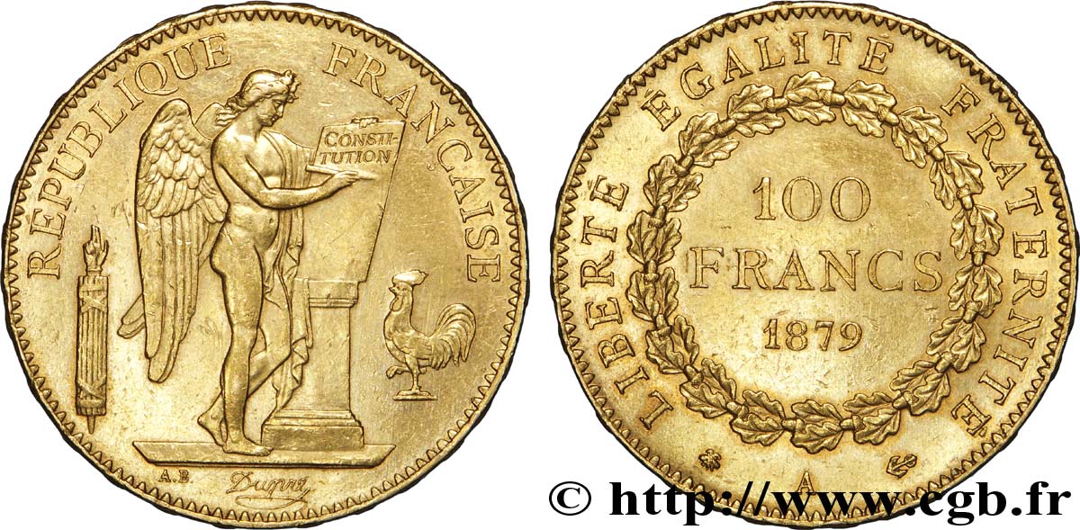 100 francs or Génie, tranche inscrite en relief Dieu protège la France 1879 Paris F.552/3 SUP 