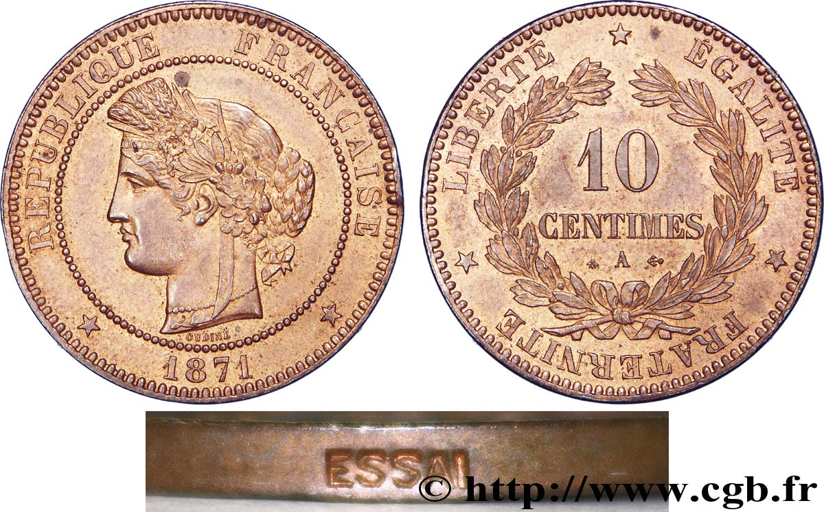 10 centimes Cérès, “ESSAI” en creux sur la tranche 1871 Paris F.135/6 var. SPL 
