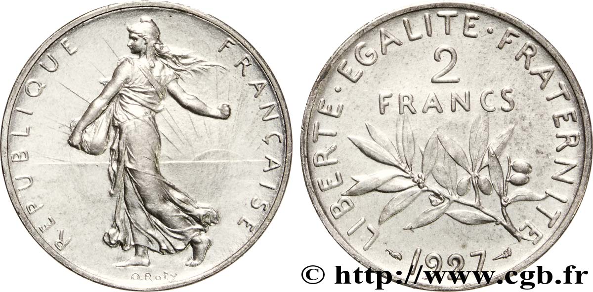 Essai-piéfort argent de 2 francs Semeuse 1927 Paris Maz.2572  EBC 