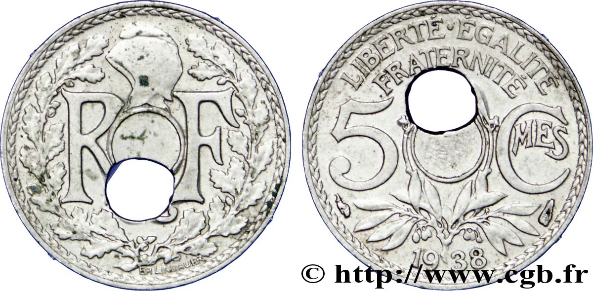 5 centimes Lindauer, petit module, trou décentré 1938  F.122/21 var. TTB 