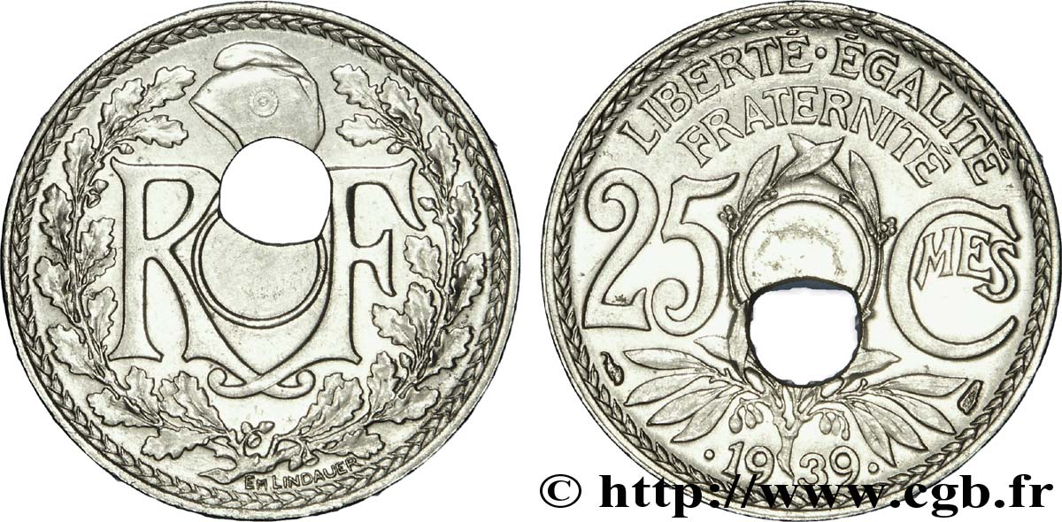 25 centimes Lindauer, trou décentré 1939 Paris F.172/3 var. VZ 