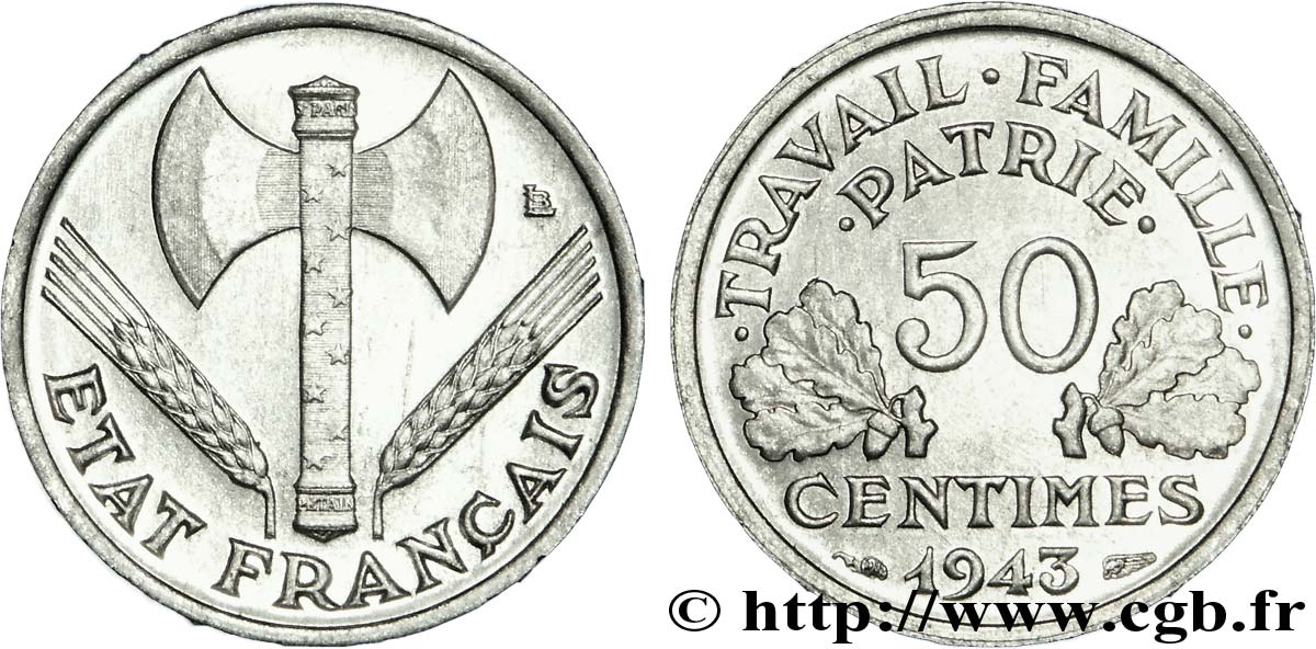 50 centimes Francisque, légère, frappe médaille 1943 Paris F.196/2 fST 