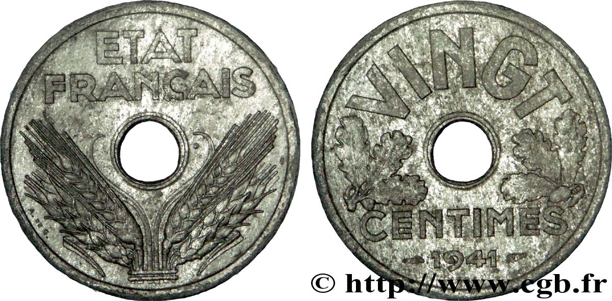 Essai-piéfort de VINGT centimes État français 1941 Paris F./ AU 