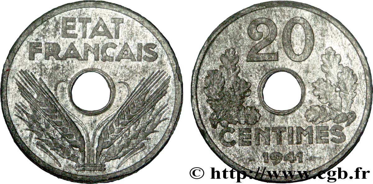 Essai-piéfort de 20 centimes État français 1941 Paris F./ SUP 