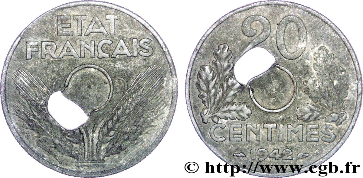 20 centimes État français, trou décentré 1942 Paris F.153/4 var. TTB 