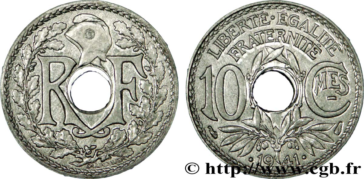 Piéfort de 10 centimes Lindauer en zinc, Cmes souligné et millésime avec points, sans le mot ESSAI 1941 Paris F.140/2P MS 