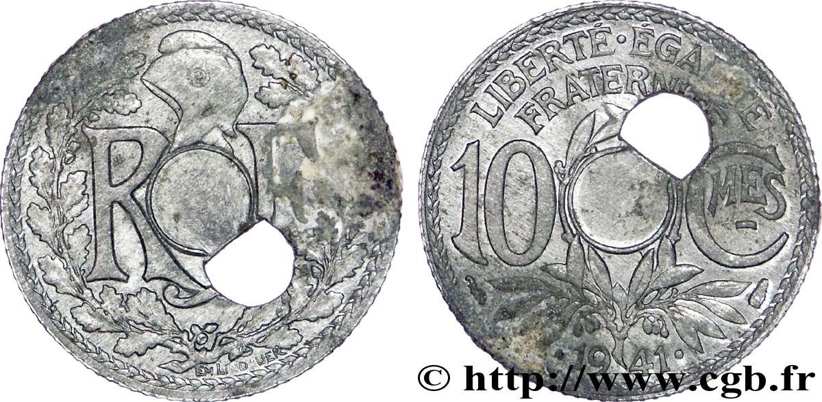 10 centimes Lindauer en zinc, Cmes souligné et millésime avec points, trou décentré 1941 Paris F.140/2 var. BB 