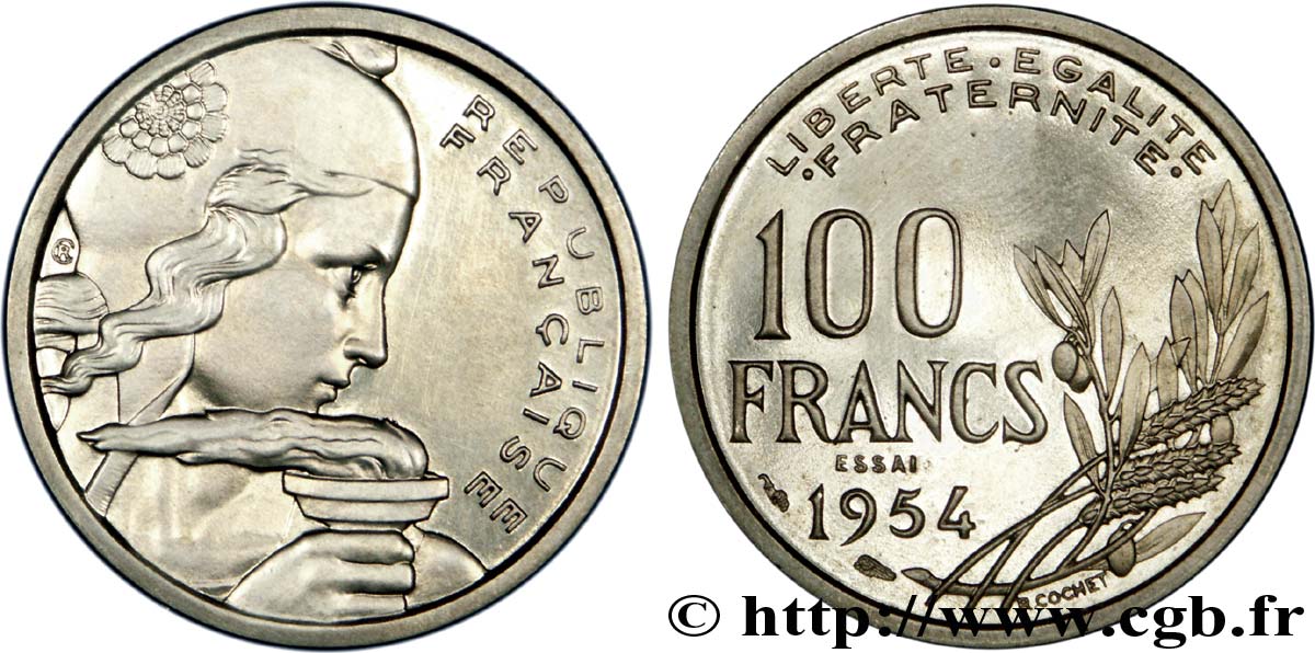 Essai-piéfort au double de 100 francs Cochet 1954 Paris F.450/3 var. MS 
