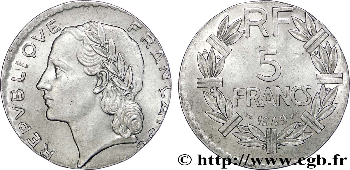 5 francs Lavrillier en aluminium, fauté de frappe 1949 Beaumont-le-Roger F.339/19 var. VZ 