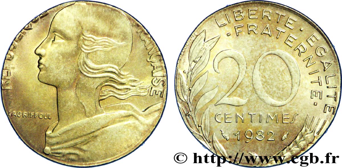 20 centimes Marianne, frappe fautée sur flan de 10 centimes Marianne 1982 Pessac F.156/22 var. SUP 