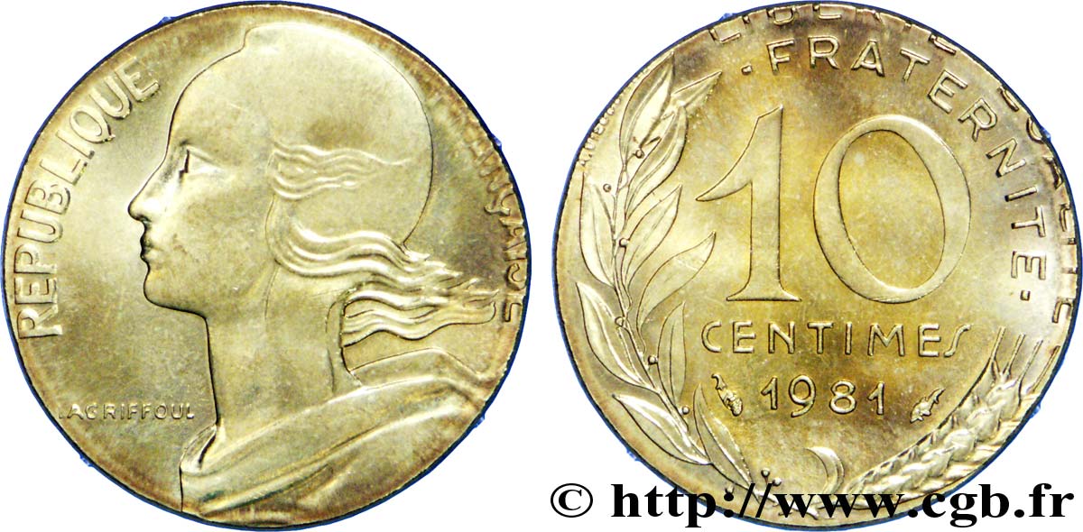 10 centimes Marianne, frappe fautée sur flan de 5 centimes Marianne 1981 Pessac F.144/21 var. AU 