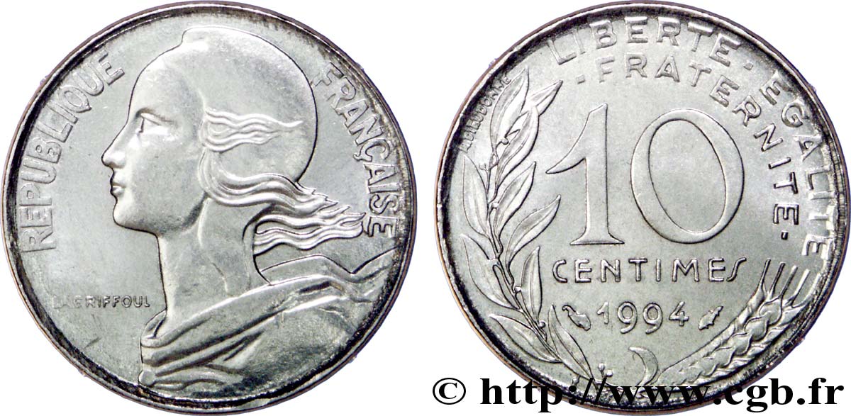 10 centimes Marianne, différent dauphin, frappe sur un flan en nickel indéterminé 1994 Pessac F.144/37 var. AU 