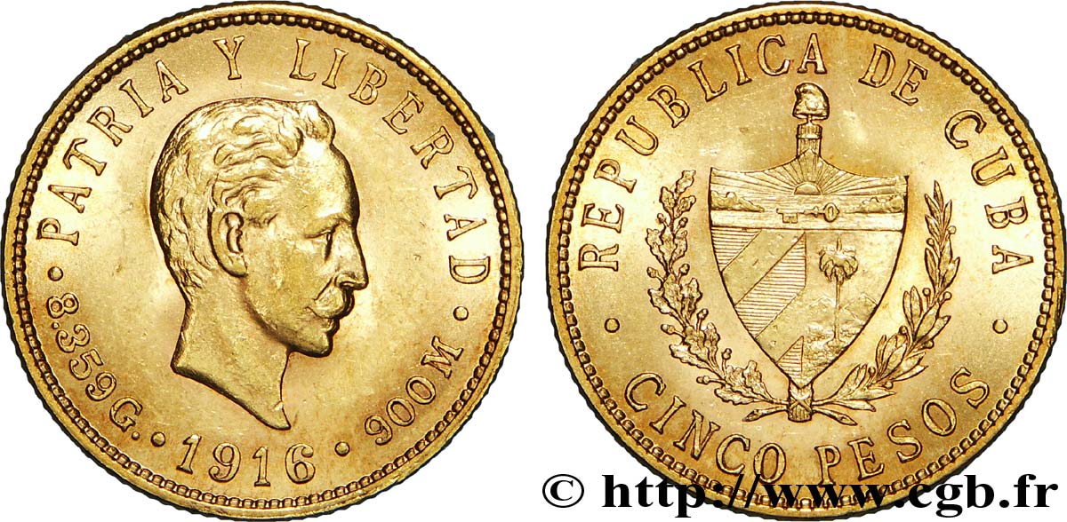 CUBA - RÉPUBLIQUE 5 pesos or 1916 Philadelphie VZ 