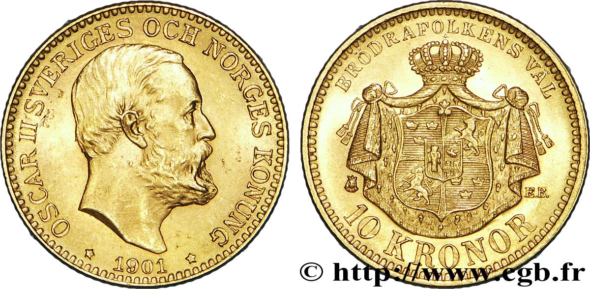 SUÈDE - ROYAUME DE SUÈDE - OSCAR II 10 kronor 1901  VZ 