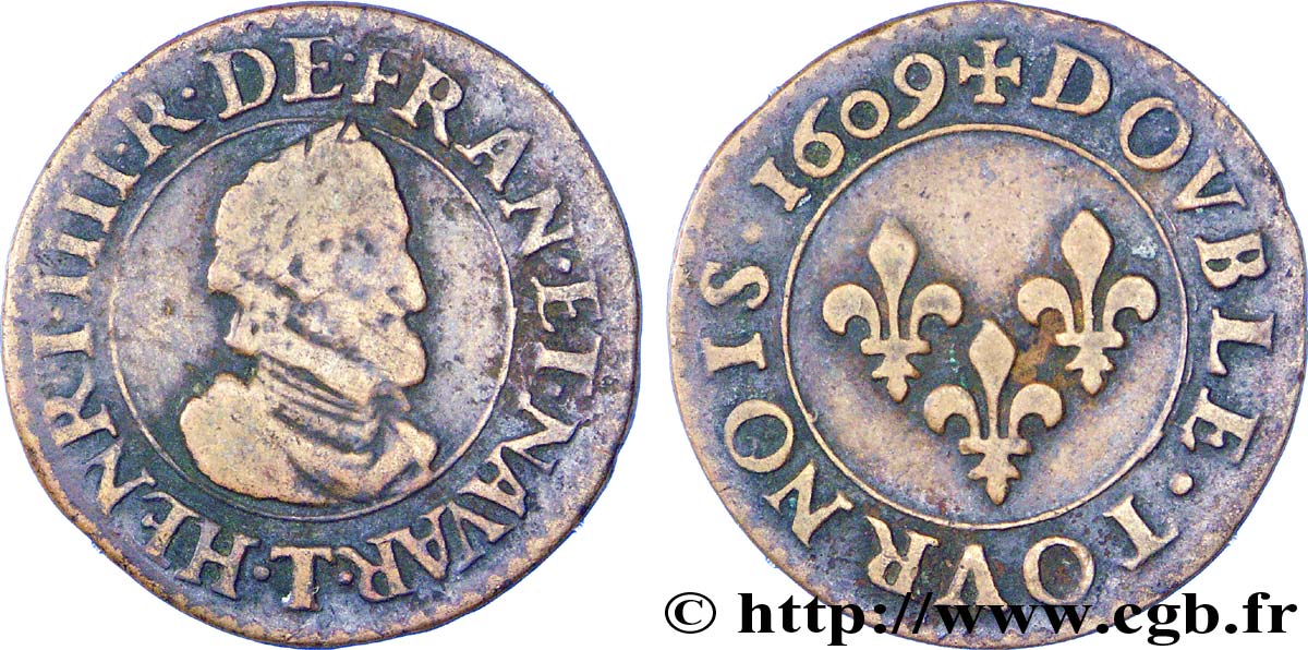 HENRI IV LE GRAND Double tournois, type de Nantes 1609 Nantes TB+/TTB