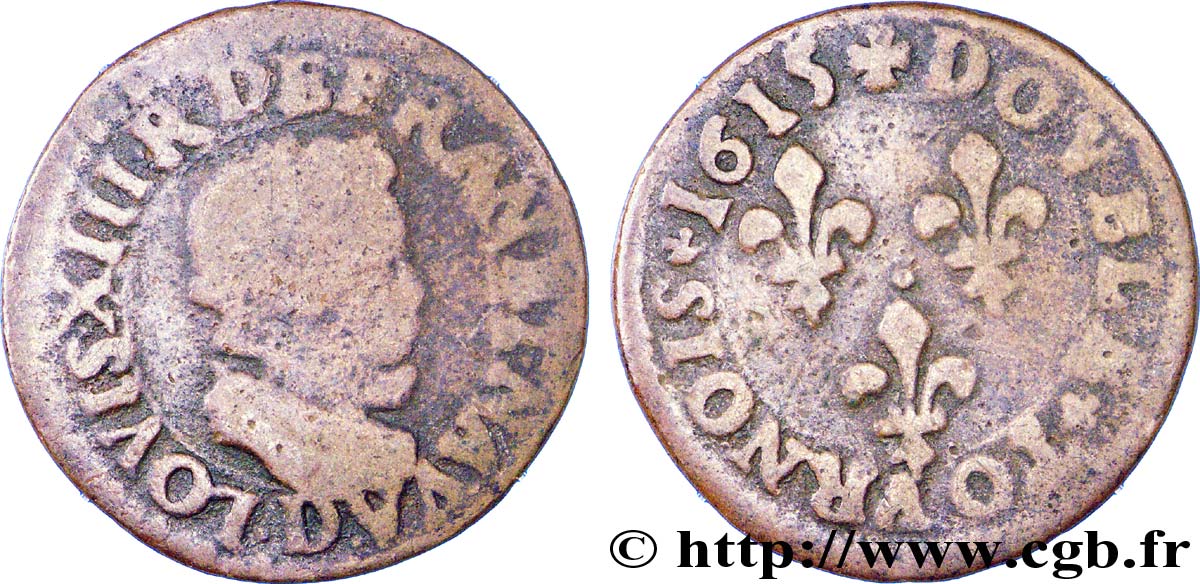 LOUIS XIII LE JUSTE Double tournois de Lyon, type 1 1615 Lyon B+/TB