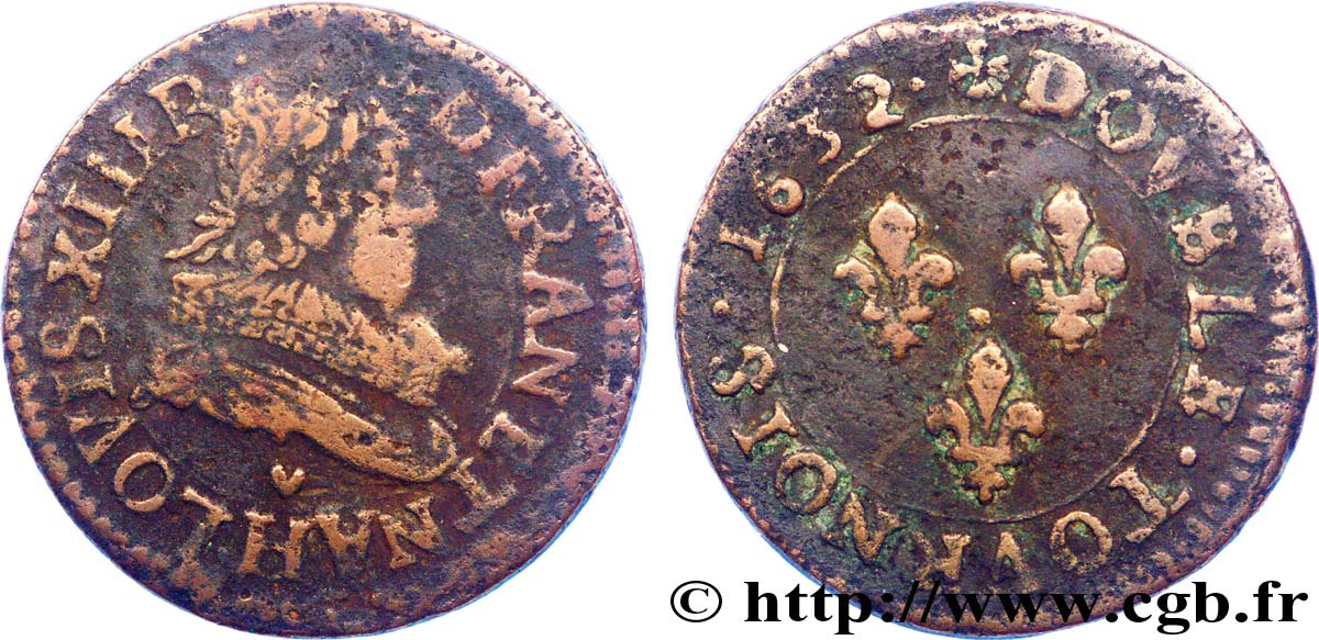 LOUIS XIII LE JUSTE Double tournois, type 1 1632 La Rochelle TB/B+