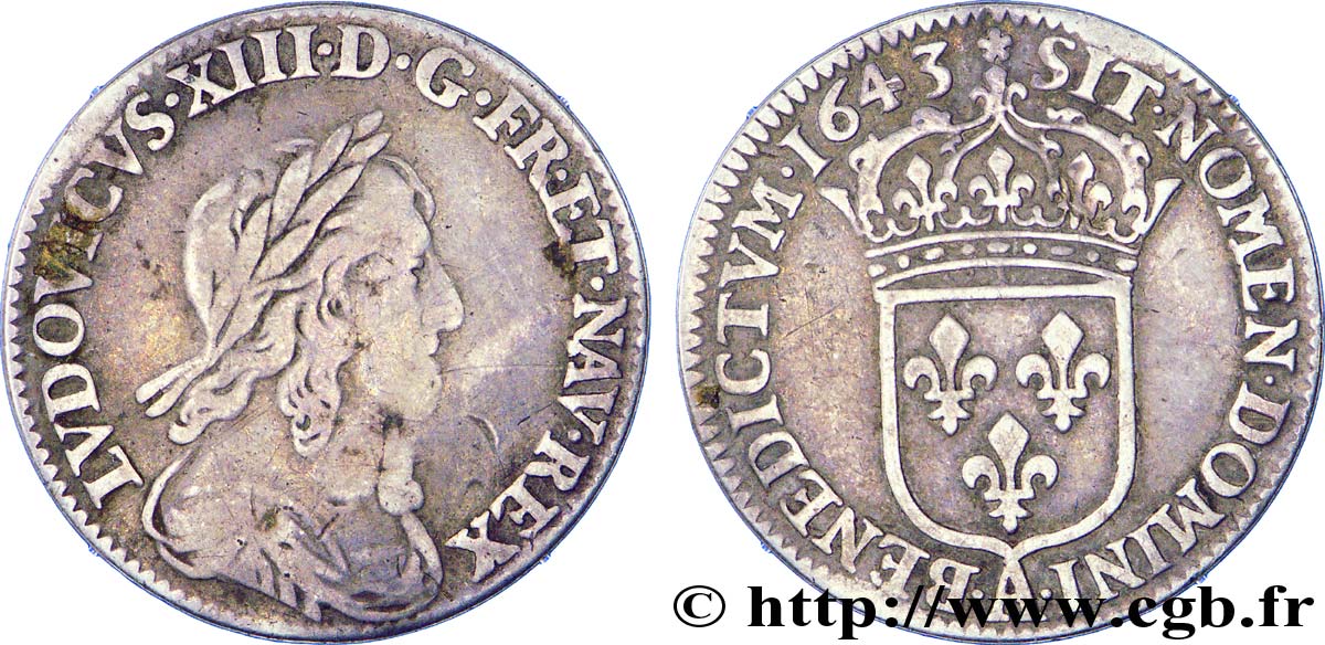LOUIS XIII LE JUSTE Douzième d écu, buste drapé et cuirassé (2e buste de Jean Warin) 1643 Paris, Monnaie de Matignon TB/TB+