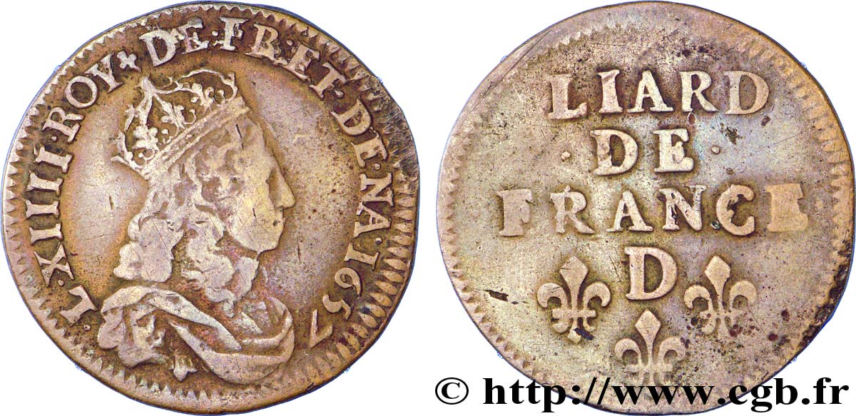 LOUIS XIV  THE SUN KING  Liard de cuivre, 2e type 1657 Vimy-en-Lyonnais (actuellement Neuville-sur-Saône) q.BB