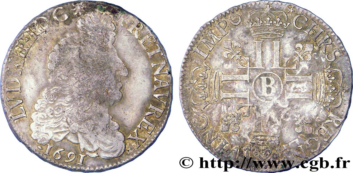 LOUIS XIV  THE SUN KING  Demi-écu aux huit L, 1er type (portrait définitif) 1691 Rouen VF/VF