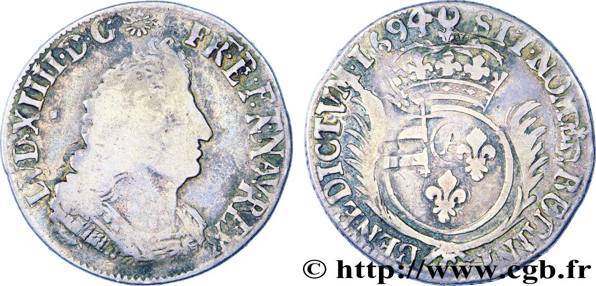 LOUIS XIV  THE SUN KING  Quart d écu aux palmes 1694  Poitiers q.BB