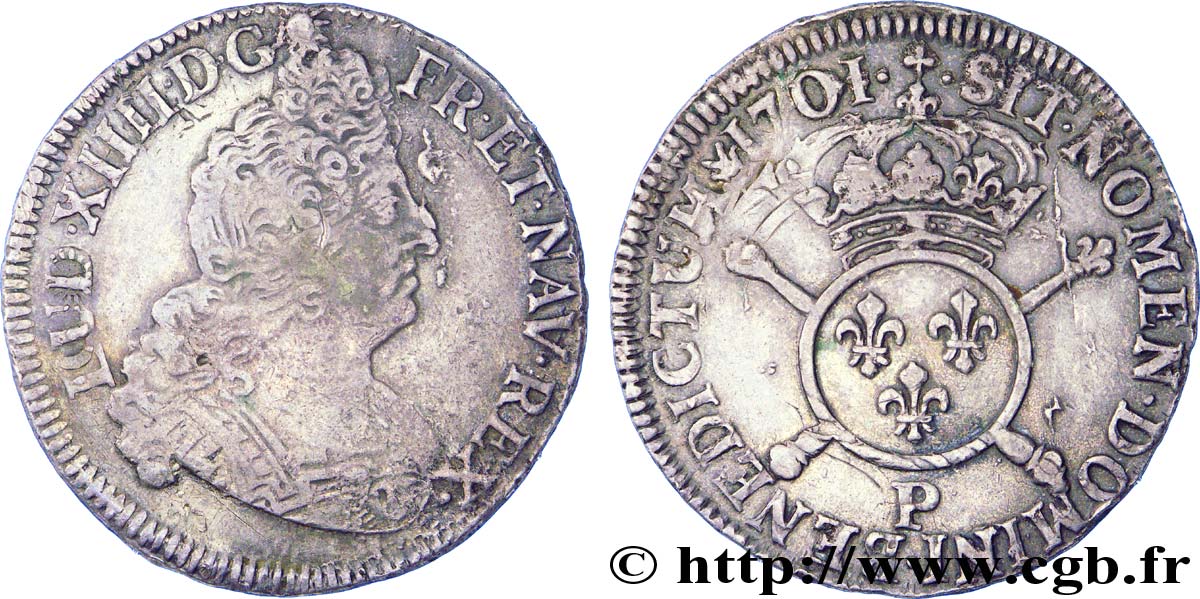 LOUIS XIV  THE SUN KING  Demi-écu aux insignes 1701 Dijon SS