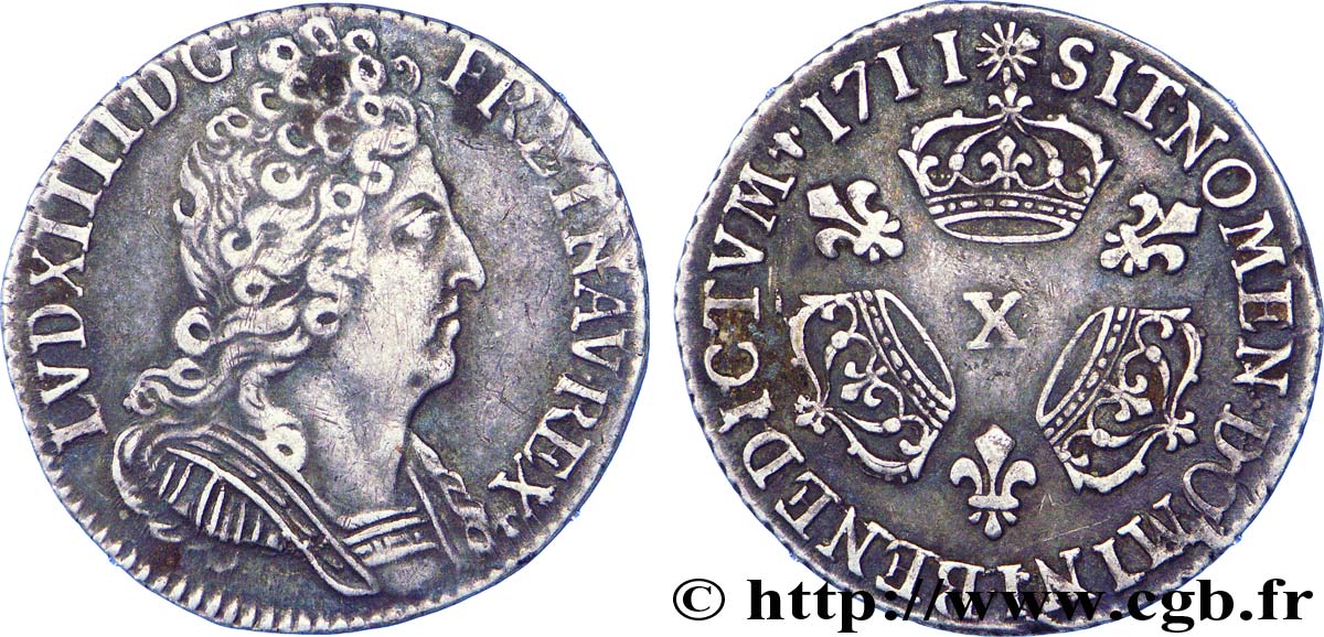LOUIS XIV  THE SUN KING  Dixième d écu aux trois couronnes 1711 Amiens XF/AU