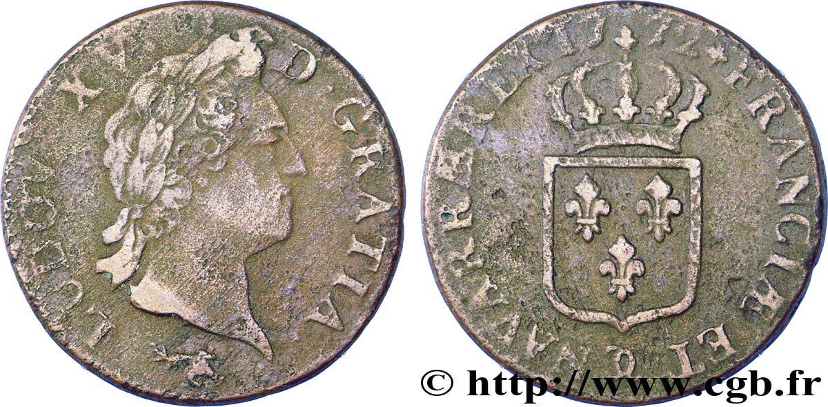 LOUIS XV DIT LE BIEN AIMÉ Sol dit &nbsp;à la vieille tête&nbsp; 1772 Besançon TB+