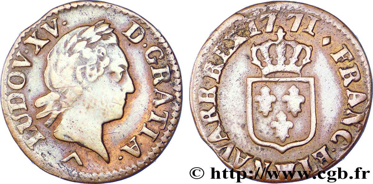 LOUIS XV DIT LE BIEN AIMÉ Liard dit &nbsp;à la vieille tête&nbsp; 1771 Lille TB+