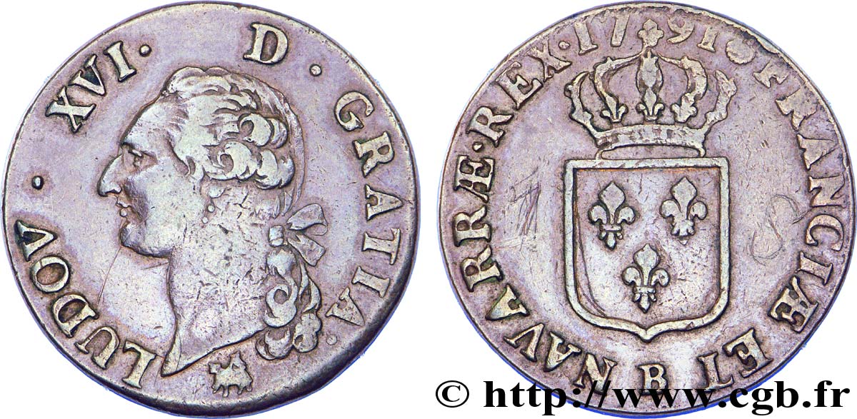 LOUIS XVI (MONARQUE CONSTITUTIONNEL)  Sol dit &nbsp;à l&nbsp;écu&nbsp; 1791 Rouen TTB