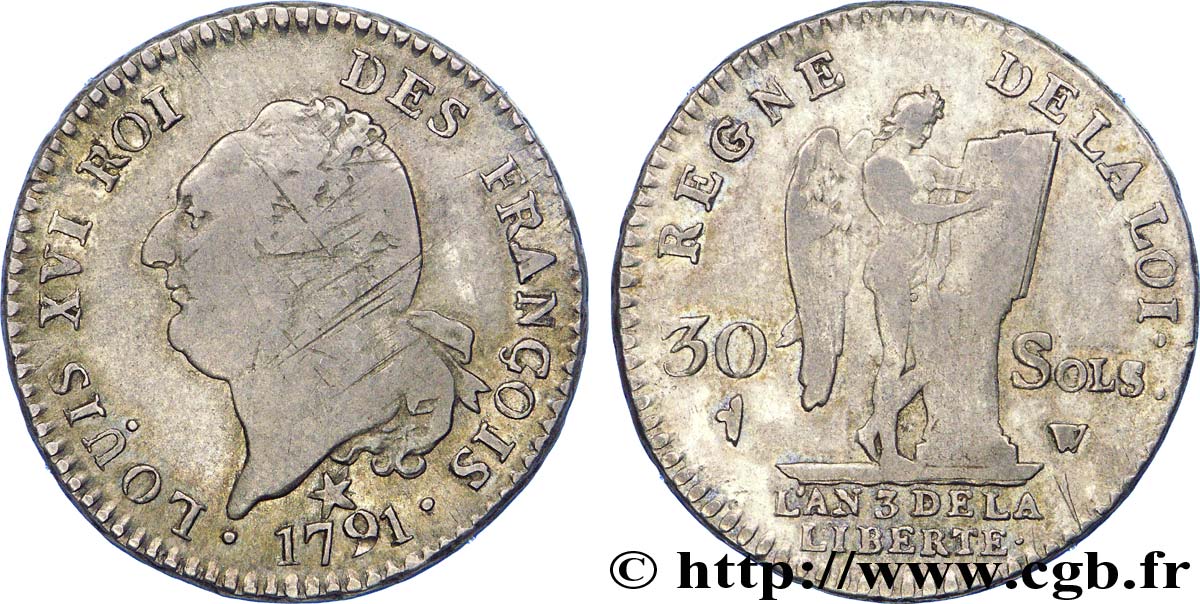 LOUIS XVI 30 sols dit  au génie , type FRANÇOIS 1791 Lille VF