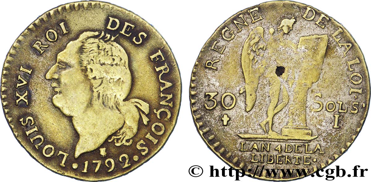 LOUIS XVI 30 sols dit  au génie , type FRANÇOIS, faux d’époque 1792 Limoges AU/XF