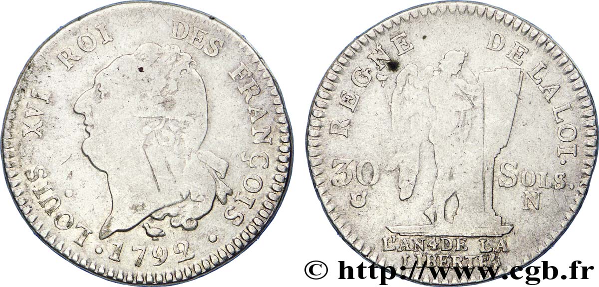 LOUIS XVI (MONARQUE CONSTITUTIONNEL)  30 sols dit &nbsp;au génie&nbsp;, type FRANÇOIS 1792 Montpellier TB