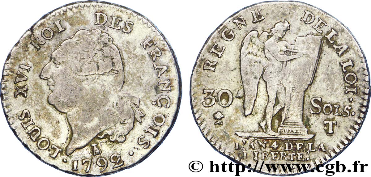 LOUIS XVI 30 sols dit  au génie , type FRANÇOIS 1792 Nantes MBC
