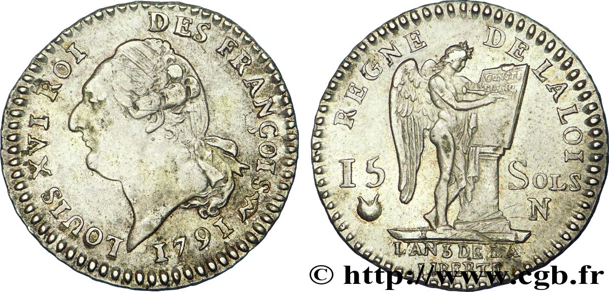 LOUIS XVI (MONARQUE CONSTITUTIONNEL)  15 sols dit &nbsp;au génie&nbsp;, type FRANÇOIS 1791 Montpellier TTB+/SUP