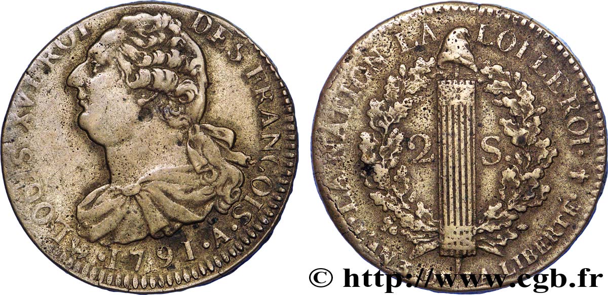 LOUIS XVI 2 sols dit &nbsp;au faisceau&nbsp;, type FRANÇOIS 1791 Paris MBC+