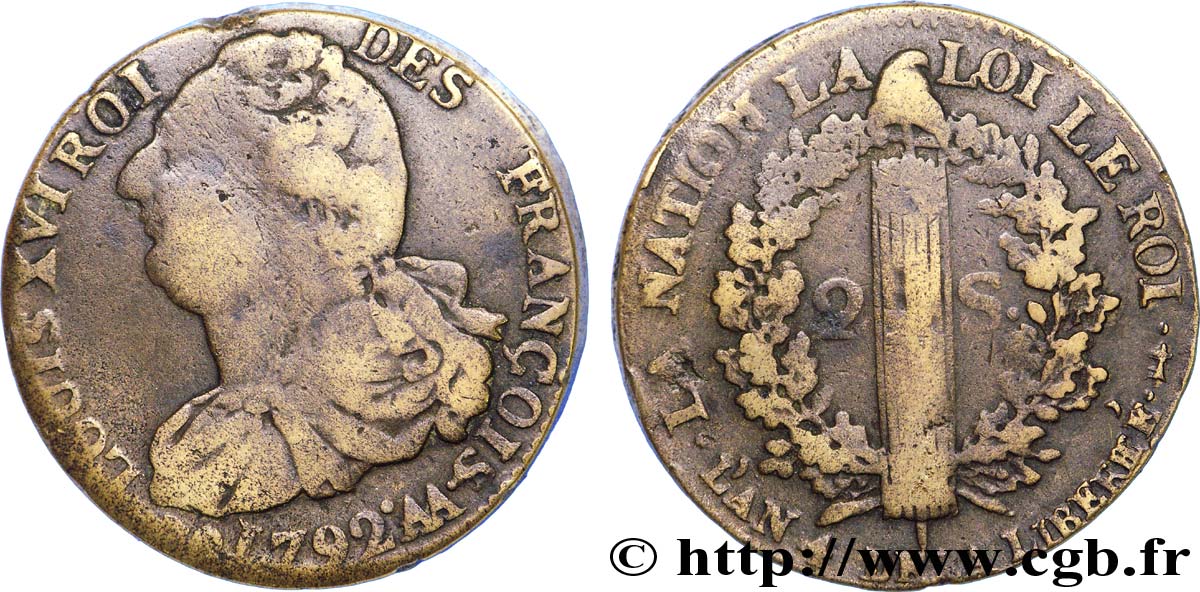 LOUIS XVI (MONARQUE CONSTITUTIONNEL)  2 sols dit  au faisceau , type FRANÇOIS 1792 Metz TB