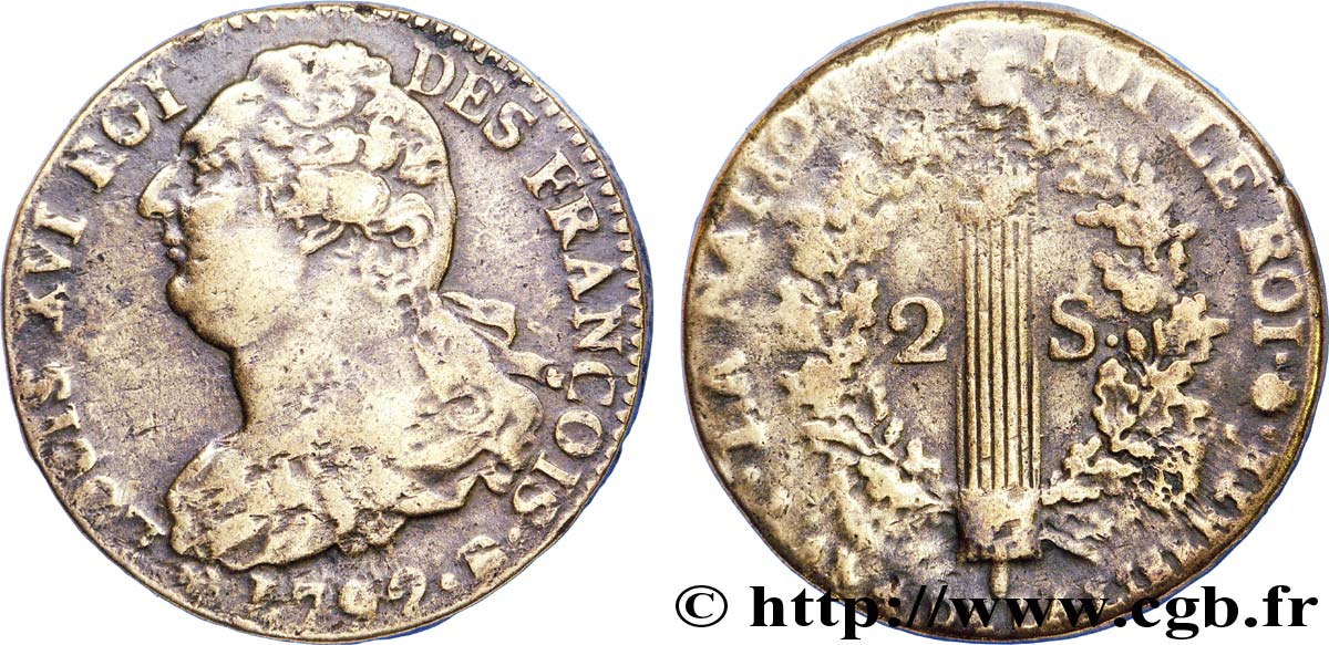 LOUIS XVI 2 sols dit  au faisceau , type FRANÇOIS 1792 Rouen XF/VF